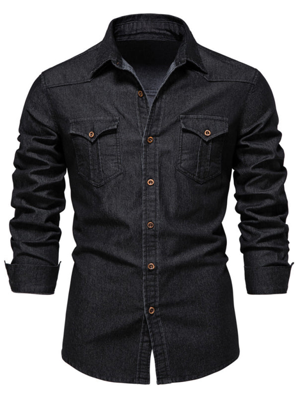 Men's casual solid color non-iron denim long-sleeved shirt - cotton