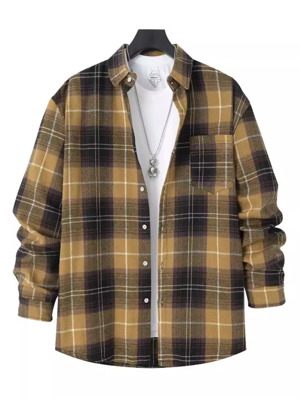 Men's brushed thin plaid long-sleeved casual shirt - cotton