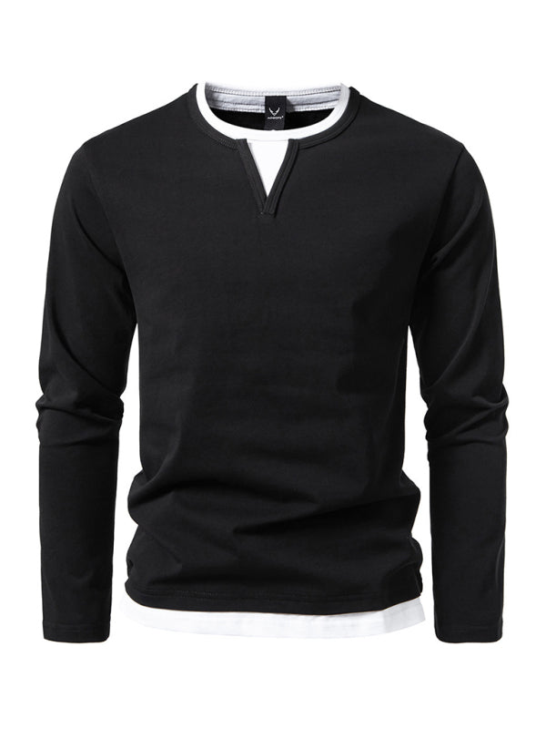 Men's T-shirt Fake two-piece double-layer V-neck stitching bottoming shirt Men's long-sleeved T-shirt - 95 % cotton