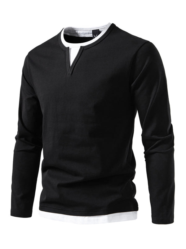 Men's T-shirt Fake two-piece double-layer V-neck stitching bottoming shirt Men's long-sleeved T-shirt - 95 % cotton