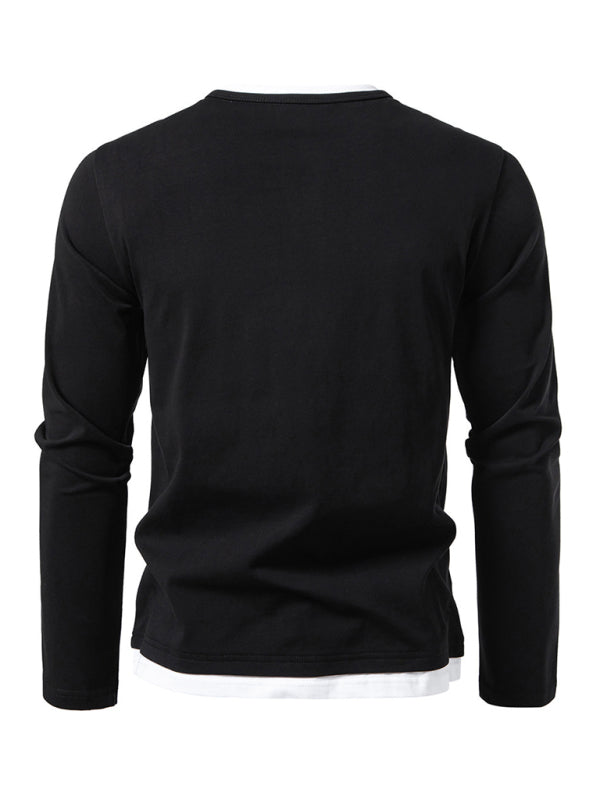 Men's T-shirt Fake two-piece double-layer V-neck stitching bottoming shirt Men's long-sleeved T-shirt - 95 % cotton