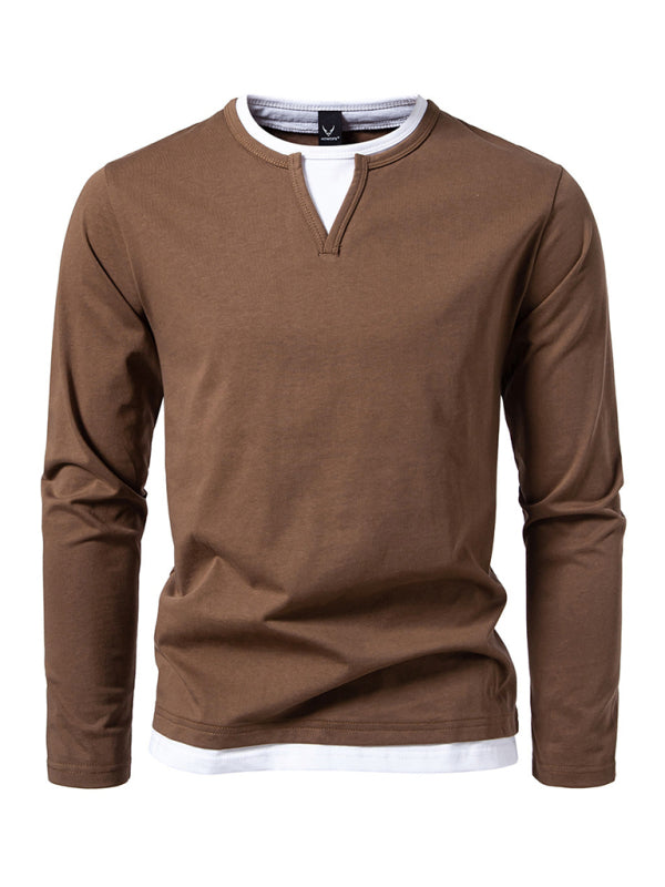 Men's T-shirt Fake two-piece double-layer V-neck stitching bottoming shirt Men's long-sleeved T-shirt - 95 % cotton