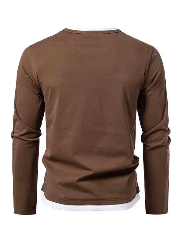 Men's T-shirt Fake two-piece double-layer V-neck stitching bottoming shirt Men's long-sleeved T-shirt - 95 % cotton