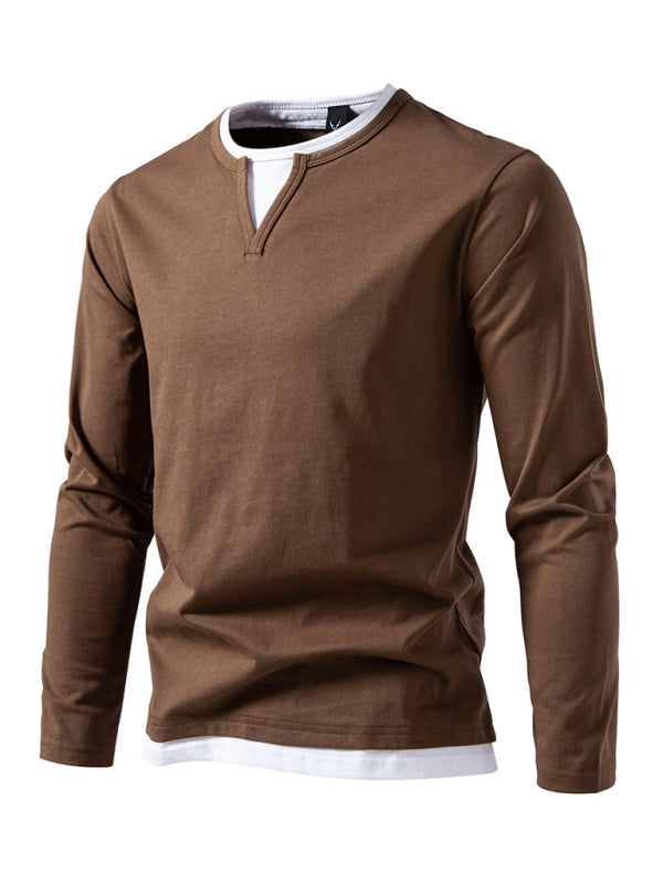 Men's T-shirt Fake two-piece double-layer V-neck stitching bottoming shirt Men's long-sleeved T-shirt - 95 % cotton