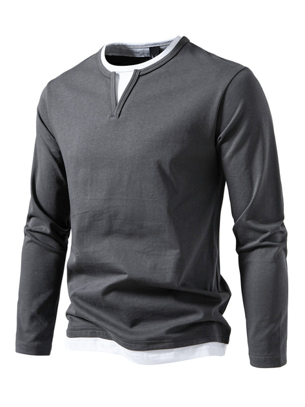 Men's T-shirt Fake two-piece double-layer V-neck stitching bottoming shirt Men's long-sleeved T-shirt - 95 % cotton