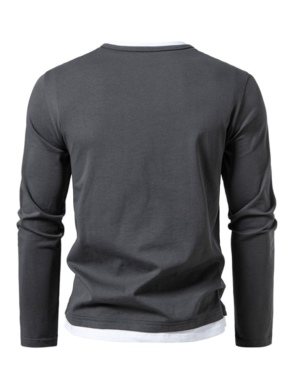 Men's T-shirt Fake two-piece double-layer V-neck stitching bottoming shirt Men's long-sleeved T-shirt - 95 % cotton