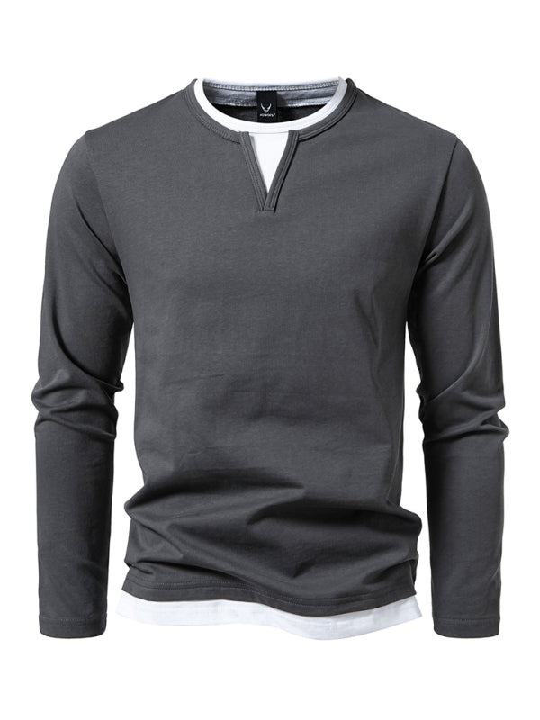 Men's T-shirt Fake two-piece double-layer V-neck stitching bottoming shirt Men's long-sleeved T-shirt - 95 % cotton