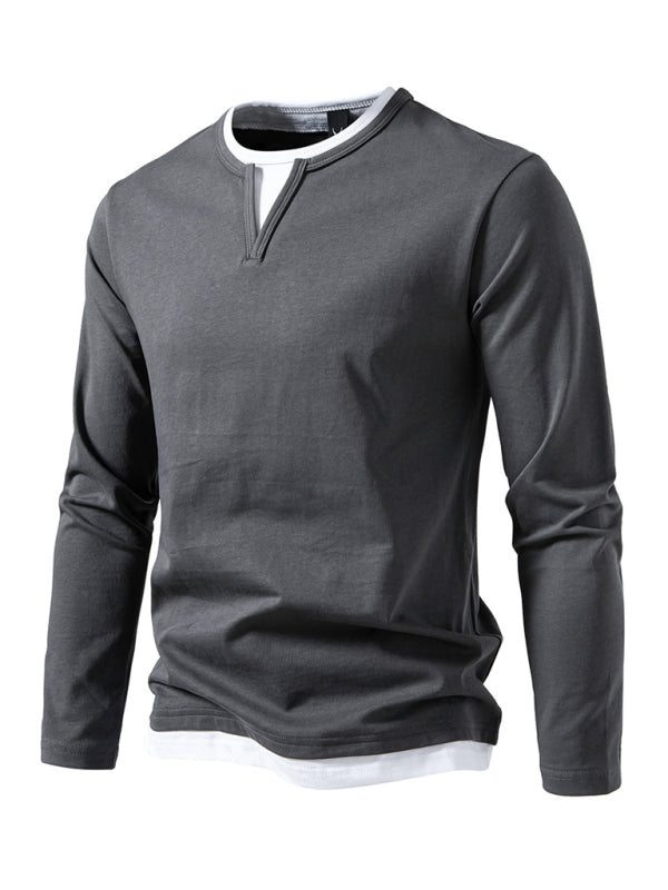 Men's T-shirt Fake two-piece double-layer V-neck stitching bottoming shirt Men's long-sleeved T-shirt - 95 % cotton