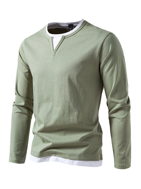 Men's T-shirt Fake two-piece double-layer V-neck stitching bottoming shirt Men's long-sleeved T-shirt - 95 % cotton