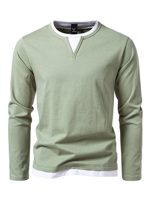 Men's T-shirt Fake two-piece double-layer V-neck stitching bottoming shirt Men's long-sleeved T-shirt - 95 % cotton
