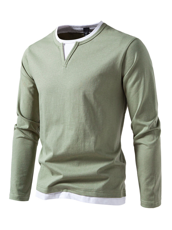 Men's T-shirt Fake two-piece double-layer V-neck stitching bottoming shirt Men's long-sleeved T-shirt - 95 % cotton