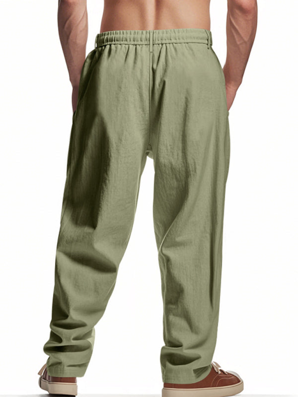 Men's Army Green Breathable Linen Loose Casual Pants - 95 % linen