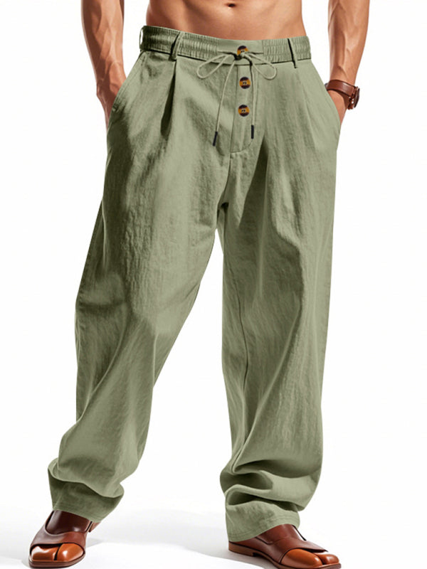 Men's Army Green Breathable Linen Loose Casual Pants - 95 % linen 