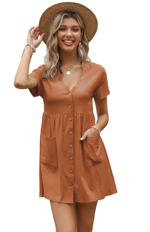 Title
Women's Loose Shirt Dress V-Neck Short Sleeve Pleated Cotton Linen Dress

