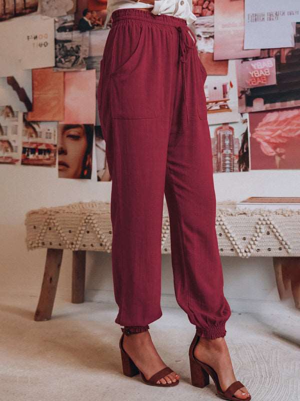 Bloomers Solid Color Cotton Linen Pants Ladies Pocket Drawstring Casual Pants