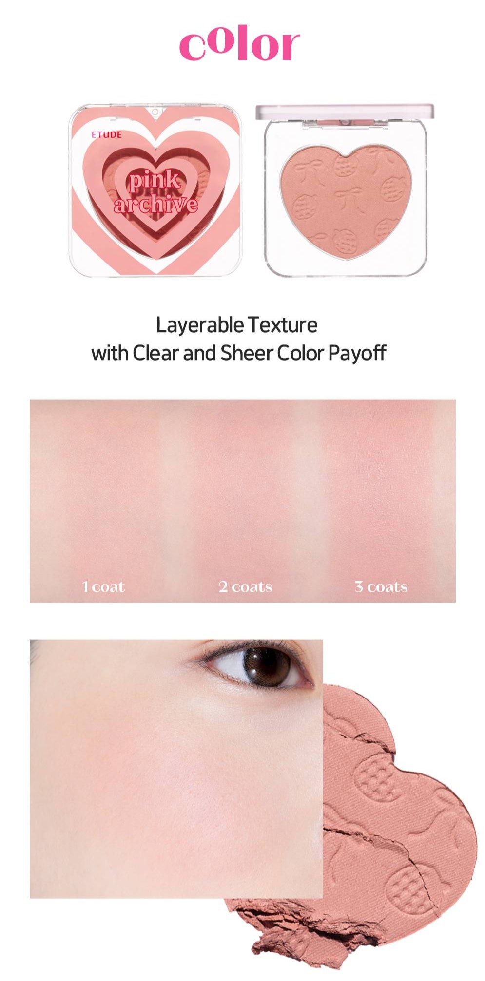 ETUDE Heart Flutter Blusher 4g | #Pinkarchive Muted Rose Powder Blush with Natural Glow
