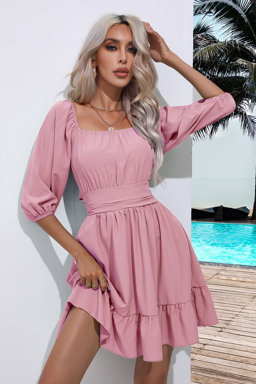 Square Neck Tie Back Ruffle Hem Dress for Women