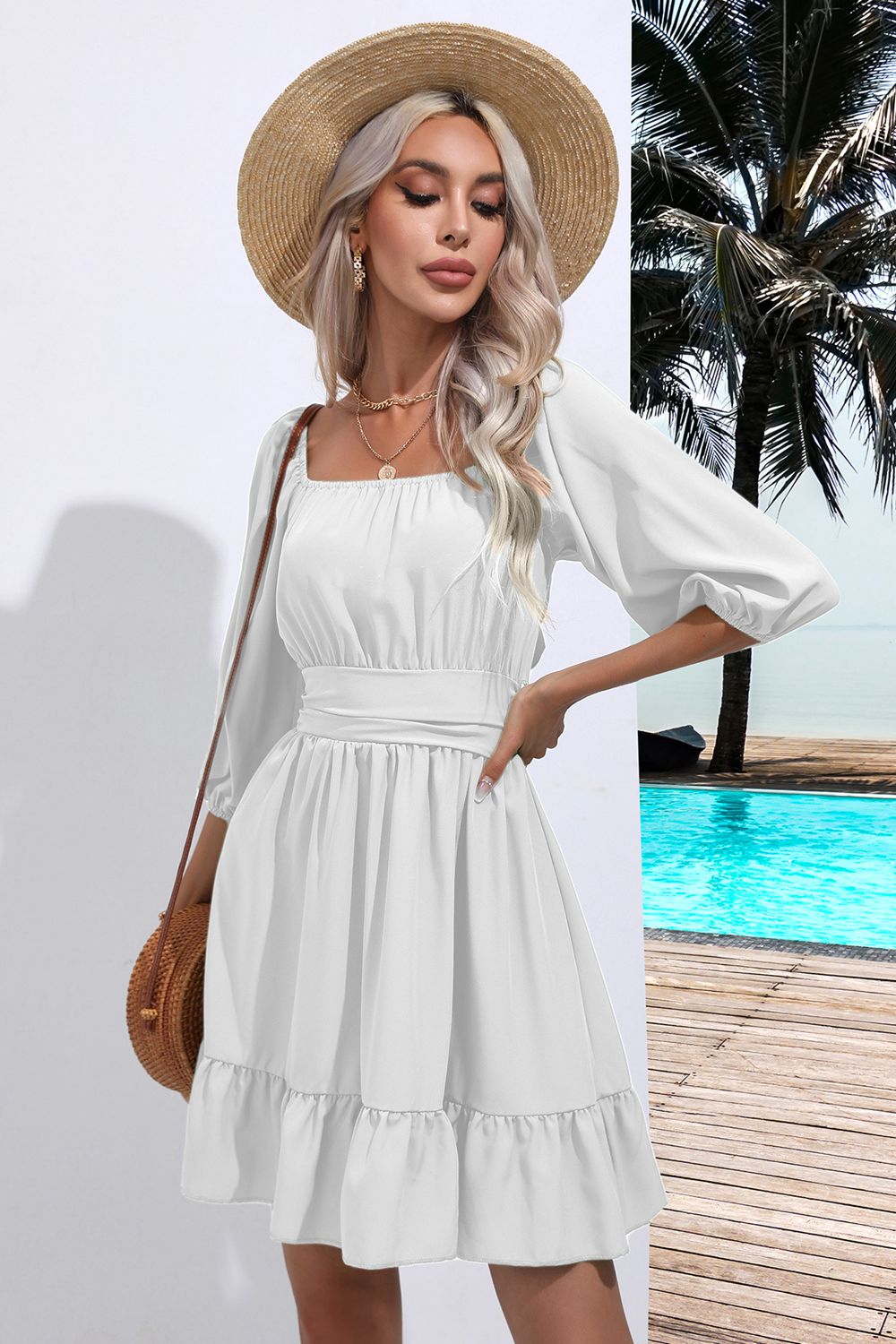 Square Neck Tie Back Ruffle Hem Dress for Women