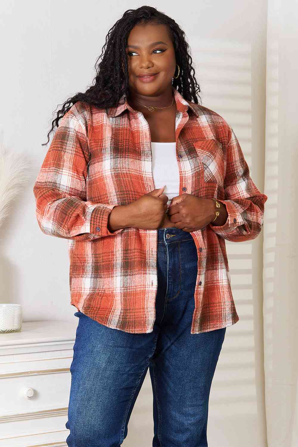 Double Take Plaid Collared Neck Long Sleeve Shirt for Women