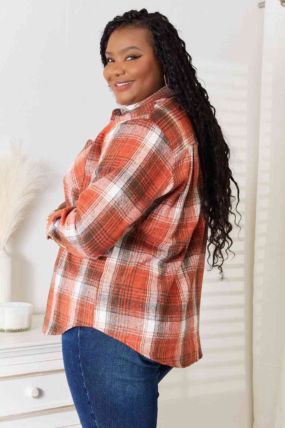 Double Take Plaid Collared Neck Long Sleeve Shirt for Women
