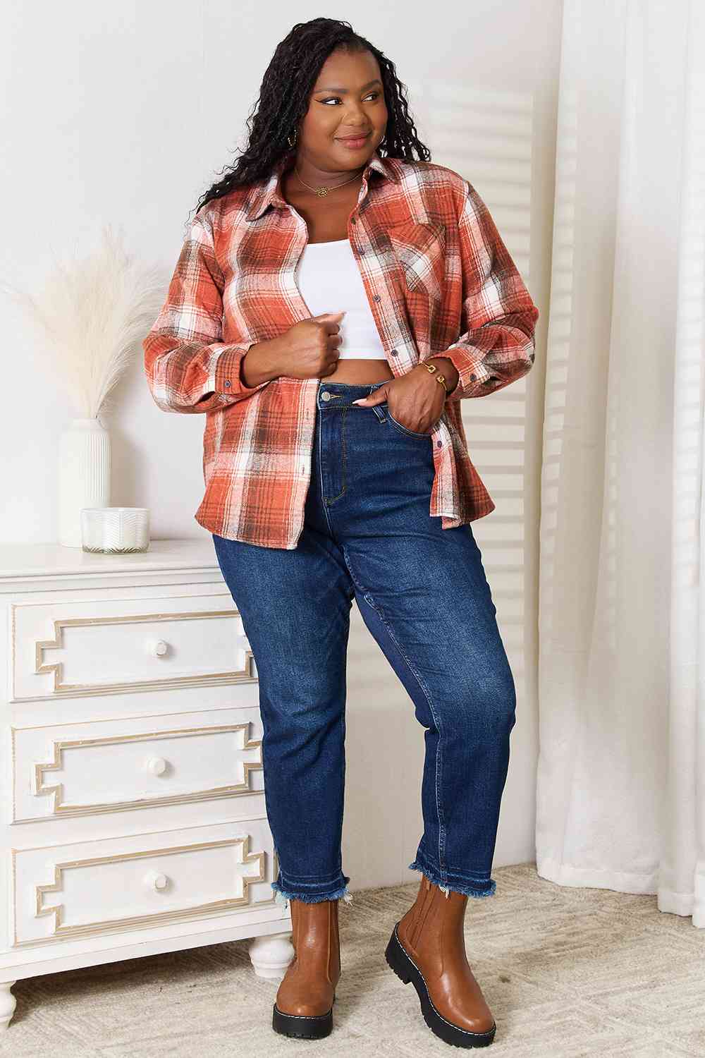Double Take Plaid Collared Neck Long Sleeve Shirt for Women