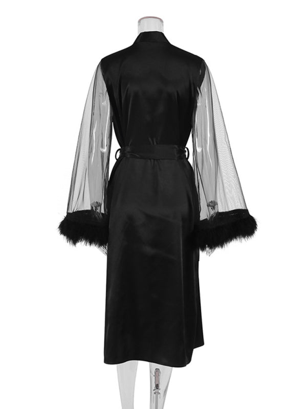 Black Feather Mesh Nightgown for Women