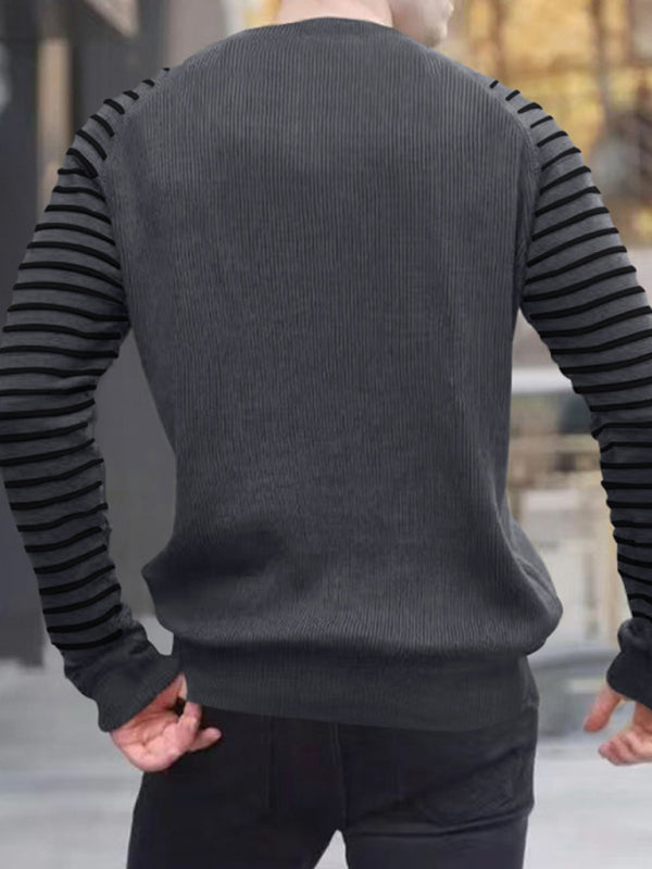 Men's Ribbed Knit Striped Sleeve Sweater