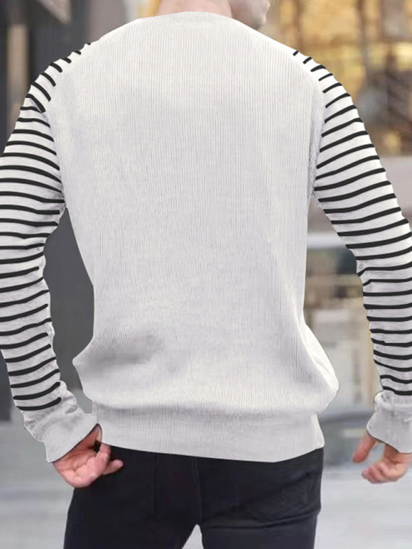 Men's Ribbed Knit Striped Sleeve Sweater