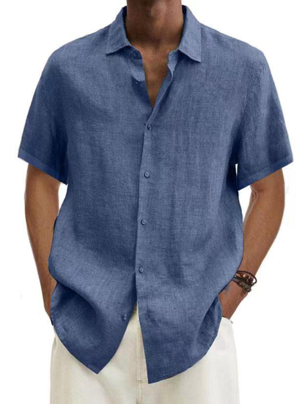Men's Woven Cotton Linen Casual Short Sleeve Shirt