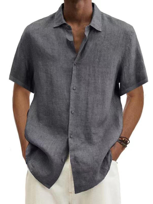 Men's Woven Cotton Linen Casual Short Sleeve Shirt