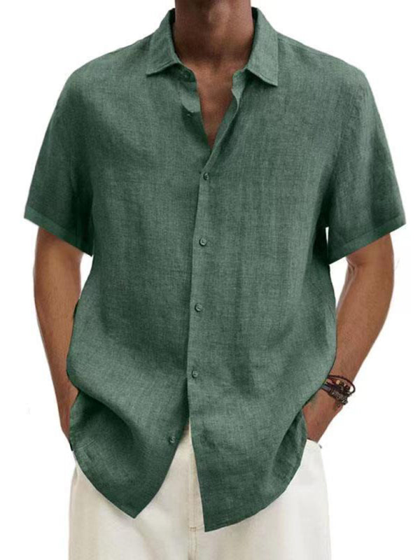 Men's Woven Cotton Linen Casual Short Sleeve Shirt