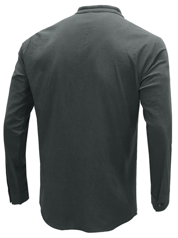 Men's woven solid color long-sleeved cotton and linen shirt