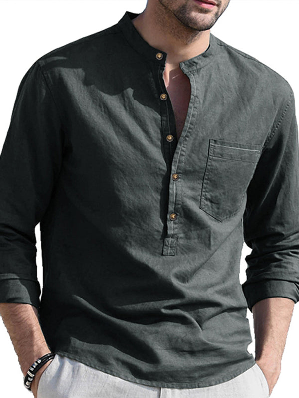 Men's woven solid color long-sleeved cotton and linen shirt