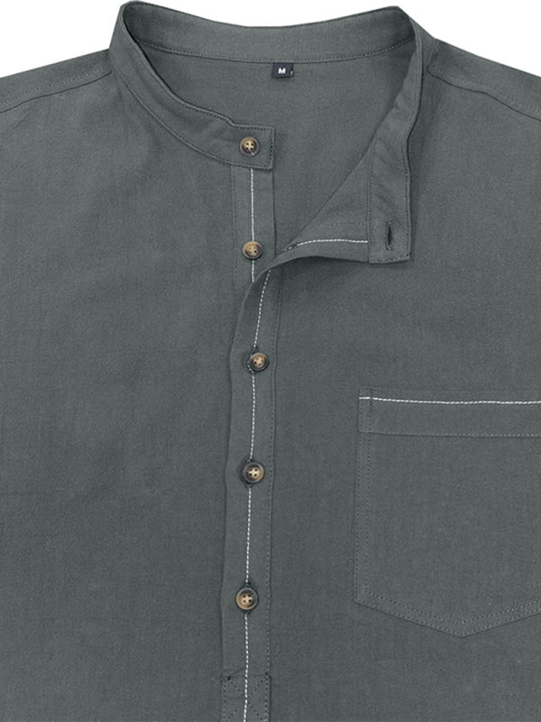 Men's woven solid color long-sleeved cotton and linen shirt