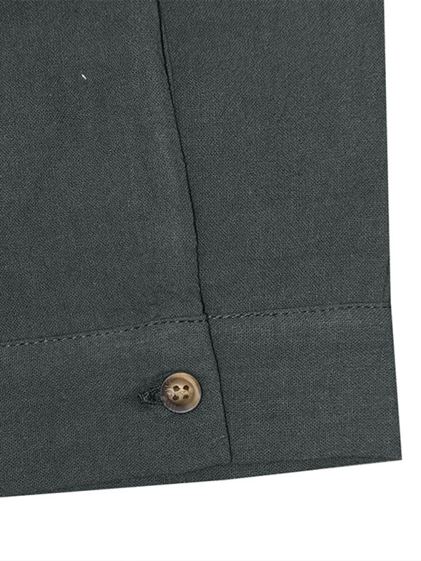 Men's woven solid color long-sleeved cotton and linen shirt