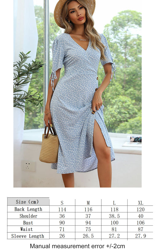 Women's V-Neck Floral Dress Slim Slit Puff Sleeve Dress