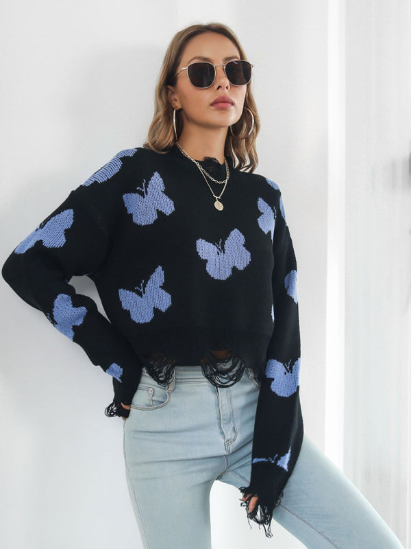 Women's Ripped Butterfly Jacquard Short Sweater