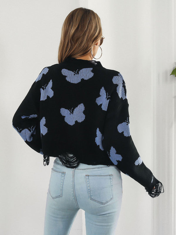 Women's Ripped Butterfly Jacquard Short Sweater