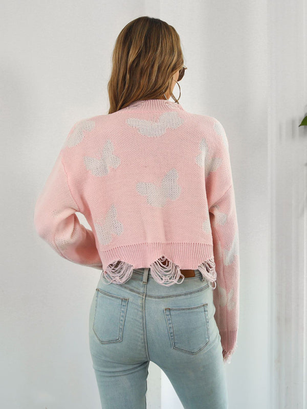 Women's Ripped Butterfly Jacquard Short Sweater