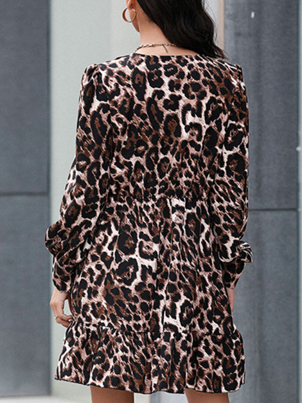 Women's Leopard Print Long Sleeve Front Button Faux Belted Mini Shirtdress