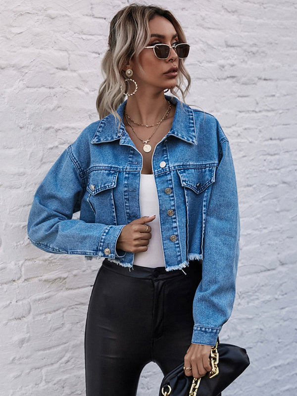 Womens?Spread Collar Crop Denim Jacket