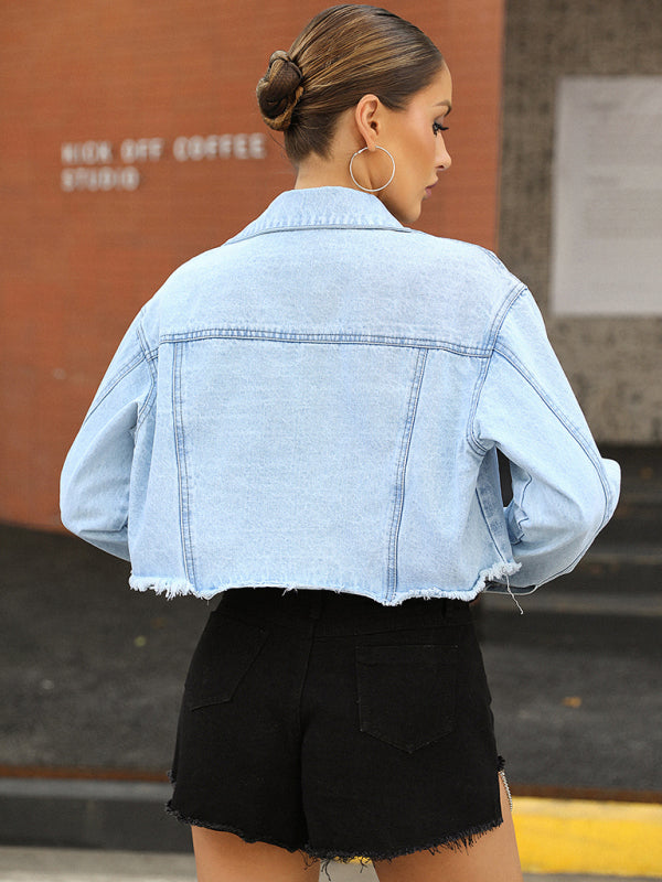 Womens?Spread Collar Crop Denim Jacket