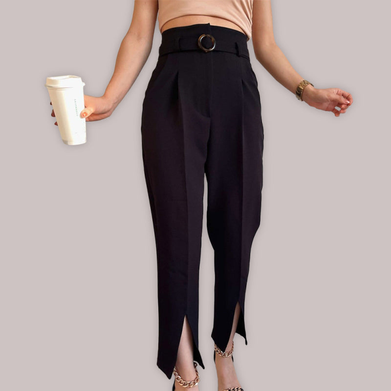 Women's Dramatic Front Pleated Solid Color High Cut Trousers With Stylish Belt