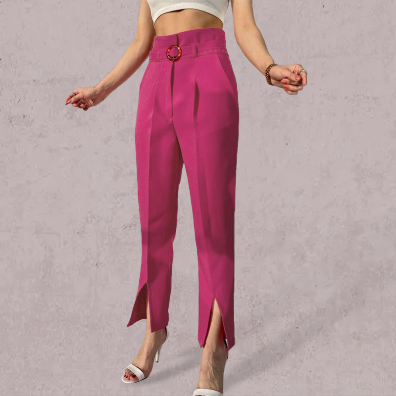 Women's Dramatic Front Pleated Solid Color High Cut Trousers With Stylish Belt