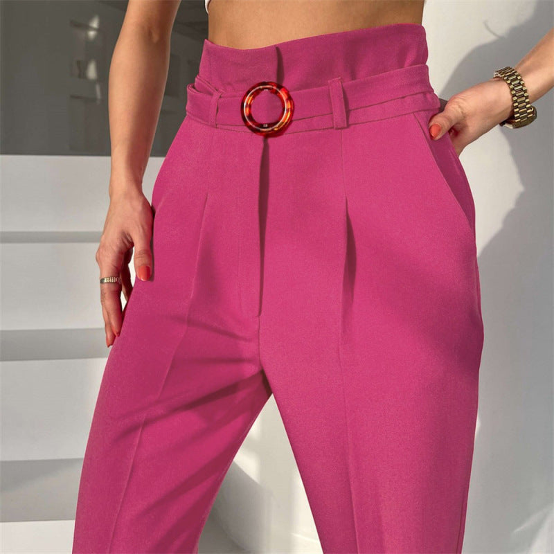 Women's Dramatic Front Pleated Solid Color High Cut Trousers With Stylish Belt