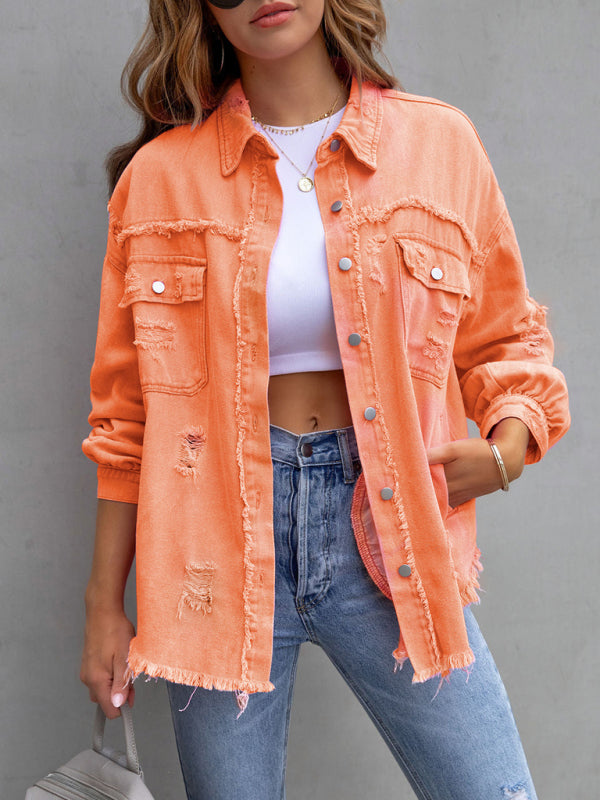 Women's Solid Color Distressed Denim Jacket