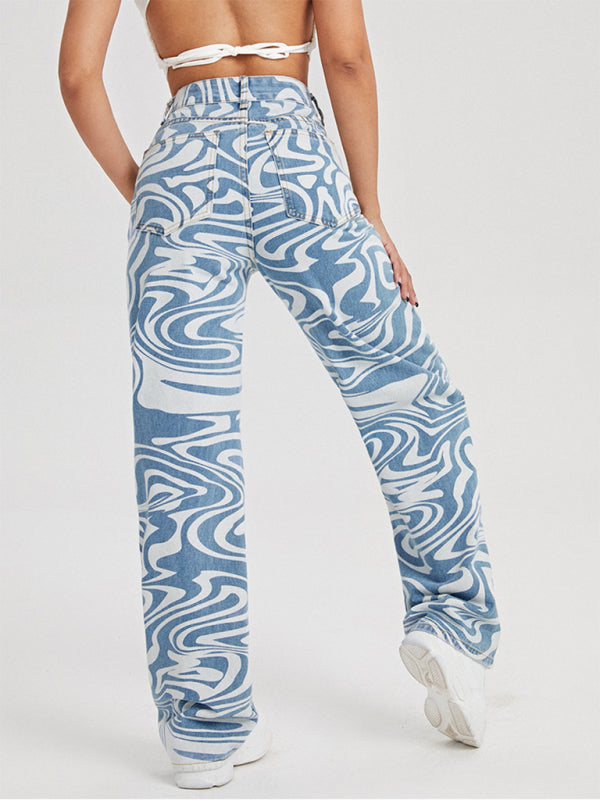 Women's Swirl Abstract Mid Rise Wide Leg Jeans