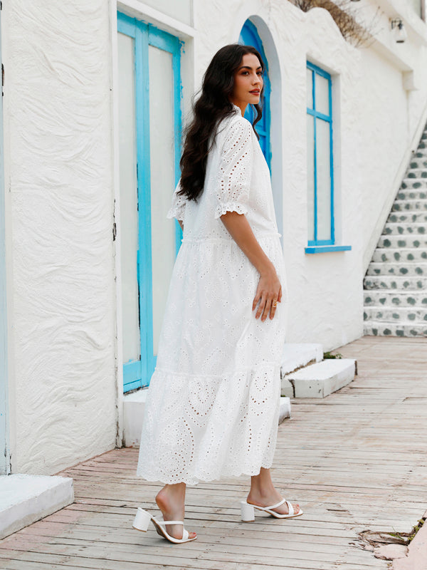 Women's Puff Sleeve Cotton Eyelet Dress