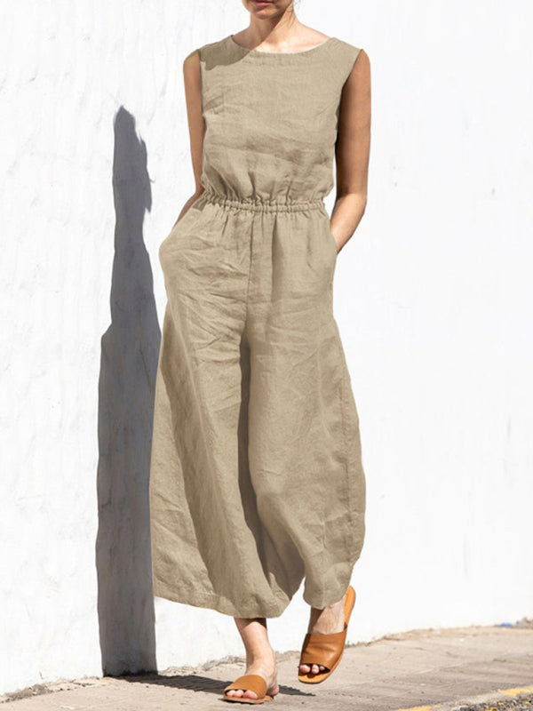 Women's Solid Color Wide Leg Linen Jumpsuit