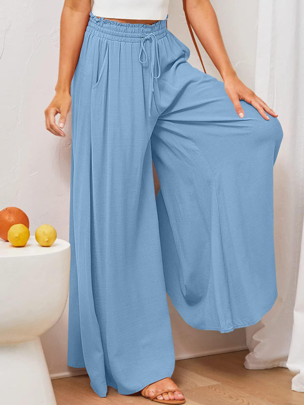 Women's Solid Color Elastic Waist Wide Leg High Waist Trousers